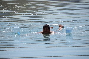 Aci Göl: Village youth with blasic bottles as Swimming aids