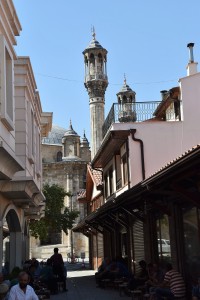 Bazar with the minaret of the Aziziye Madrassa