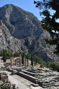 The magnificant Setting of Delphi in the Parnassus range. In front the temple of Apollo and behing the rocks where the holy spring of xxx is austreten. 